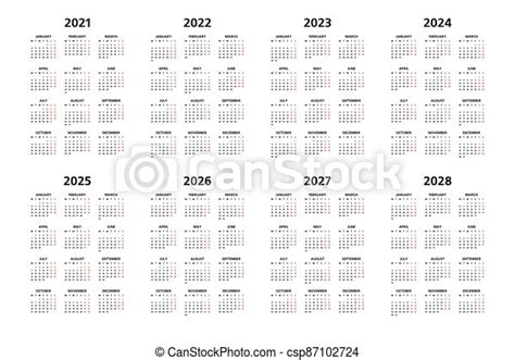 Calendar 2021 2022 2023 2024 2025 2026 2027 2028 Years Black