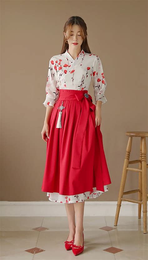 Modern Hanbok Dress Red Flower Woman Female Korea Hanbok Dress Etsy