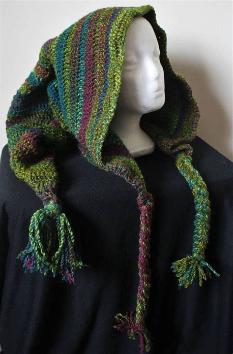 Chunky crochet pixie hood in tones of green and purple. | Chunky