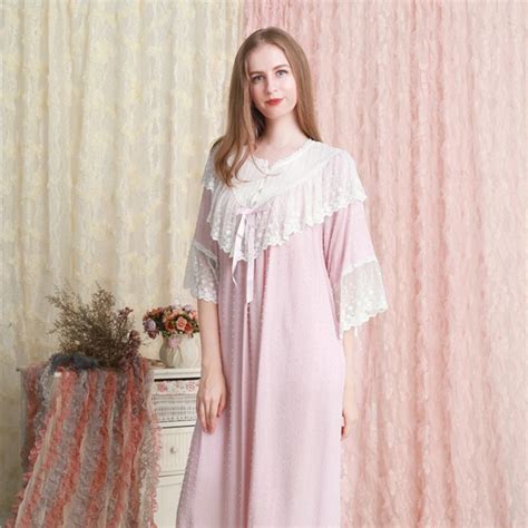 Home Dress Women Sleepwear Lace Cotton Nightgown Romantic Long