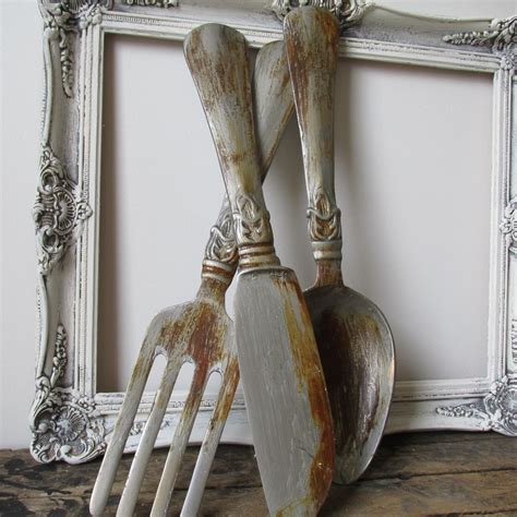 Pewter Rusted Spoon Fork Knife Wall Hanging Giant Farmhouse