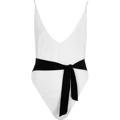 White Contrast Tie Waist Plunge Swimsuit Swimsuits Bikinis Plunge