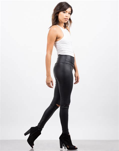 Ripped Knees Leather Leggings Black Faux Leather Leggings 2020ave