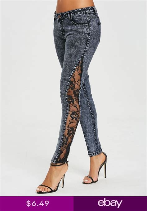 Womens Fashion Sheer Lace Side Low Waisted Jeans Zipper Fly Skinny Denim Pants Looks Tumblr
