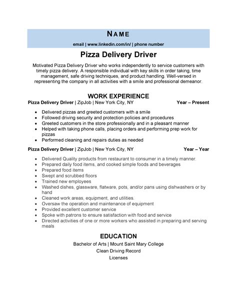 Pizza Delivery Driver Resume Example And 3 Tips Zipjob
