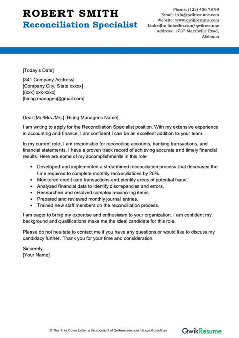 Reconciliation Specialist Cover Letter Examples Qwikresume