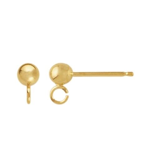 Solid K Yellow Gold Ball Post Earrings With Open Ring W