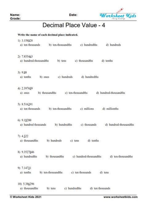 Decimal Place Value Worksheets Place Value Rounding Worksheets For
