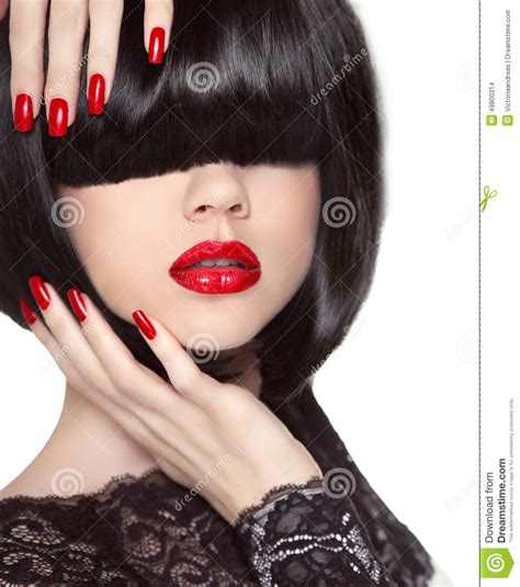 Manicured Nails Red Lips Black Bob Hairstyle Brunette