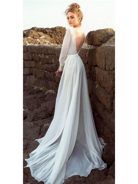Long Sleeve Wedding Dresses Backless Chiffon Beach Wedding ...