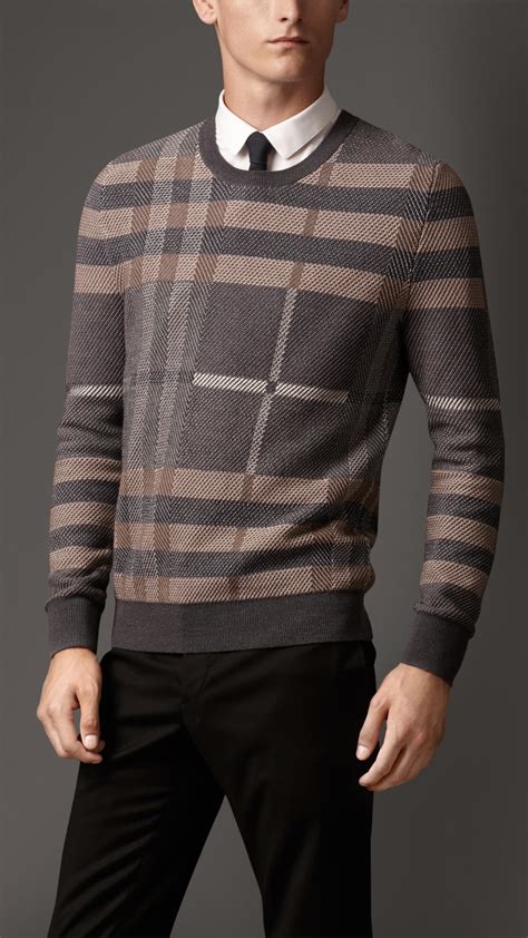 Lyst Burberry Check Wool Silk Sweater In Gray For Men