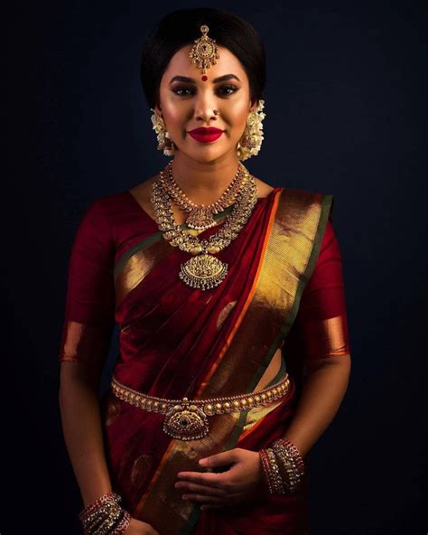 South Indian Bride Gold Indian Bridal Jewelry Temple Jewelry Jhumkis Red Silk Kanchipuram Sa