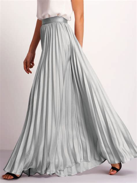 Silver Zipper Side Pleated Flare Maxi Skirt Flare Maxi Skirt Long