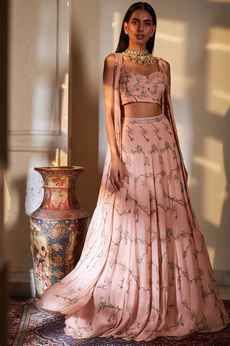Buy Peach Georgette Sweetheart Neck Embroidered Jacket Lehenga Set For