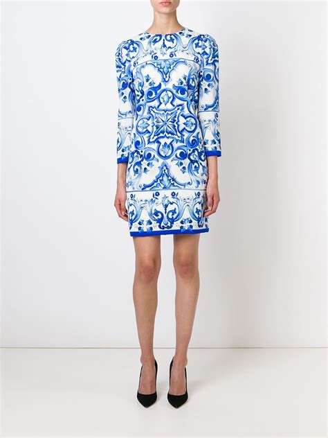 Dolce And Gabbana Majolica Tile Print Dress In Blue Lyst Uk