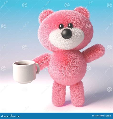 3d Pink Teddy Bear Character With Fluffy Fur Drinking A Cup Of Coffee