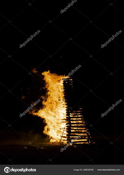 Bright Enormous Bonfire Burning Outdoor Dark Night Stock Photo By