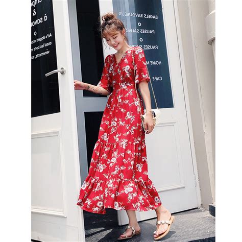 Summer New Korean Version Of Floral Red Chiffon Dress Clothesnepal
