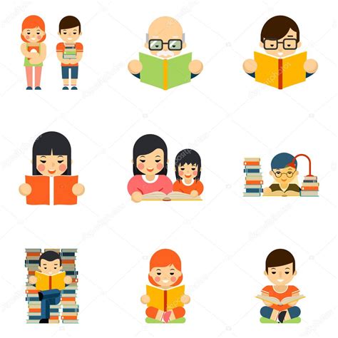 Icons Set Of People Reading Book In Flat Style Design — Stock Vector