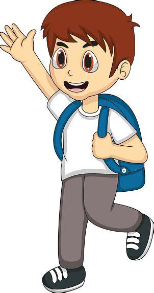 Little Boy Carrying A Backpack And Waving His Hand Cartoon