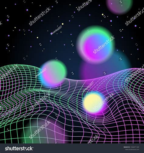 Spheres And Distorted Neon Light Grid Pattern Retrowave Synthwave