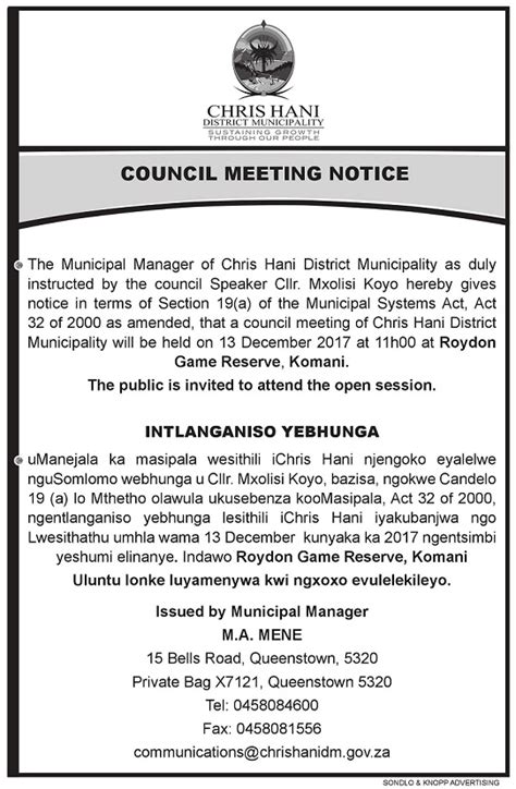 Council Meeting Notice Chris Hani District Municipality