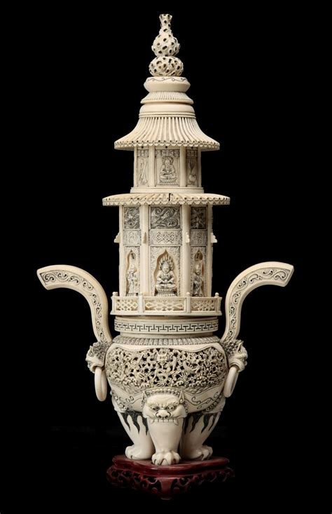 3 An Elaborate Chinese Ding Form Carved Ivory Censer