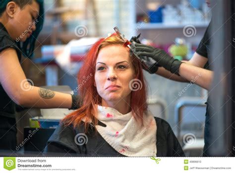 Woman Getting Hair Dyed Red Stock Photo Image Of