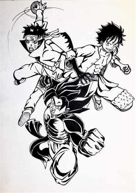 Goku X Naruto X Luffy Desenhos Preto E Branco Anime Esboço De Tatuagem