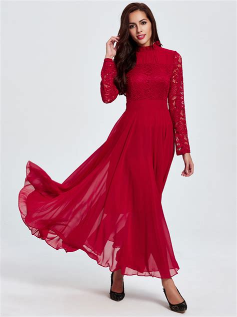 Red Chiffon Women Long Sleeve Maxi Dress Prom Wedding Evening Party