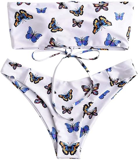Zaful Bandeau Bikini Swimwear Butterfly Print Lace Up