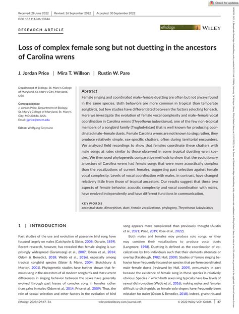 Pdf Loss Of Complex Female Song But Not Duetting In The Ancestors Of