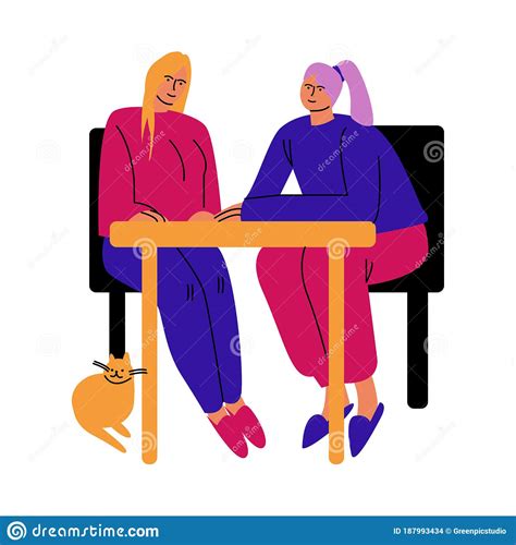 A Happy Lesbian Couple Of Women Sitting At The Table In Chairs Vector