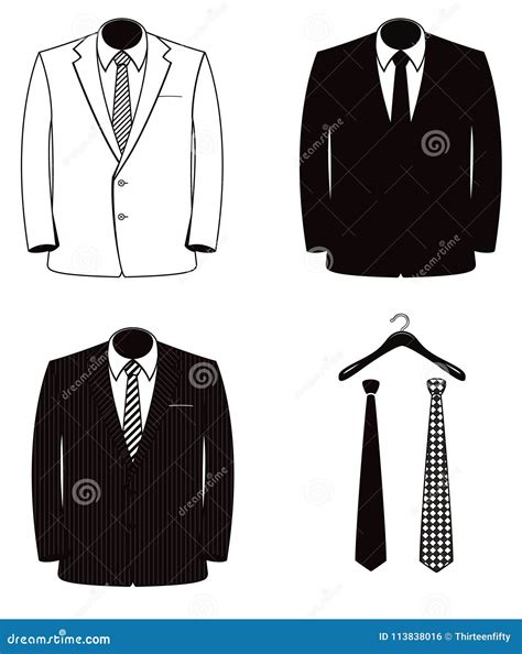 Black And White Men`s Suit And Tie Vector Illustration Set Stock Vector