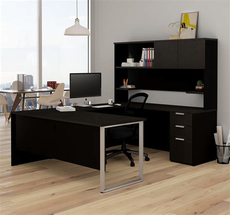 Modern U Shaped Desk With Hutch In Deep Gray And Black Finish