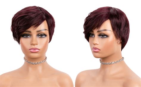 Amazon Com ISHINE Short Human Hair Wigs With Bangs Pixie Cut Wig Burgundy Color Wigs Cute