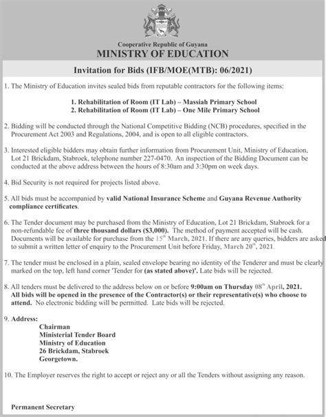 Ministry Of Education Ifb Rehabilitation Of Room It Lab Dpi Guyana
