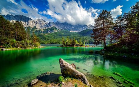 Eibsee Lake In Bavaria Ggermany Lake With Turquoise Green Water Rock