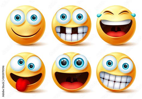Emojis Vector Face Set Emoticons And Emoji Cute Faces In Crazy Funny Excited Laughing And