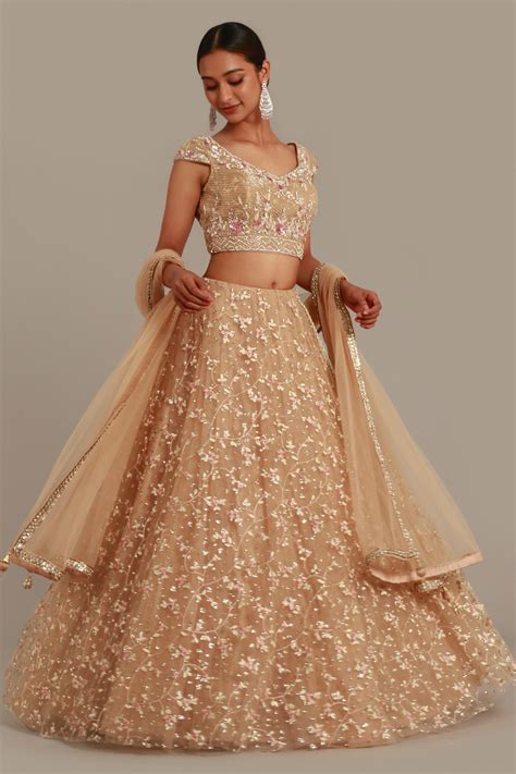 Beige Gold Lehenga Set With Contrast Embroidery And Matching Dupatta