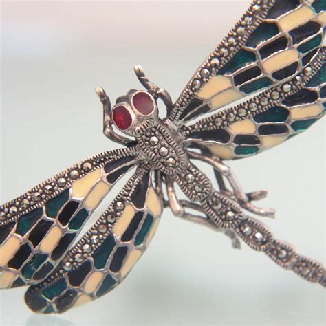 Art Nouveau Enamel Dragonfly Brooch With Marcasites Silver From Akaham
