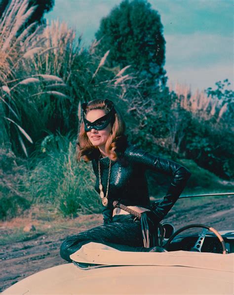 Julie Newmar As Catwoman Sitting Atop Her Jaguar E Type Batman