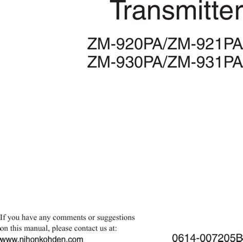 Nihon Kohden Zm 931pa Medical Telemetry Transmitter User Manual