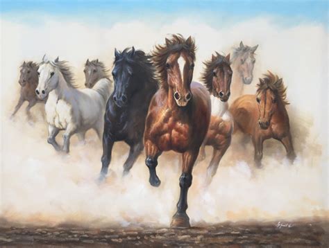 Beautiful Wild Horses Running 36” X 48” Hand Painted Oil Painting On