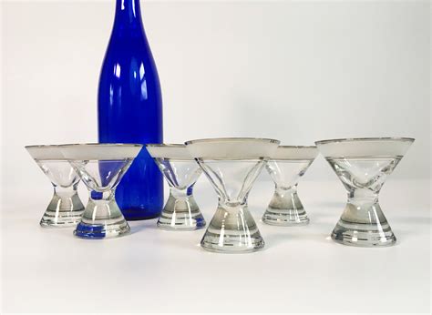 Vintage Set Of 6 Silver Rimmed Martini Cocktail Wine Glasses Mad Men Mid Century Style W