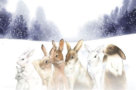 Wild Rabbits In The Winter Snow Painted By Watercolor Vector Free