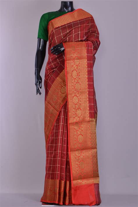 Buy Burnt Red Zari Woven Tussar Silk Saree Online Tussar Silk Saree