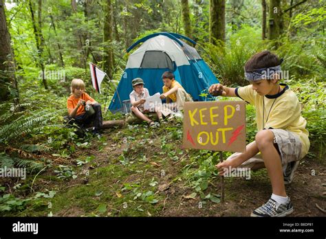 Boys Camping In Forest Stock Photo Alamy