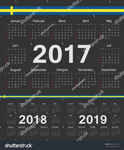 Vector Black Swedish Circle Calendars 2017 2018 2019 Week Starts