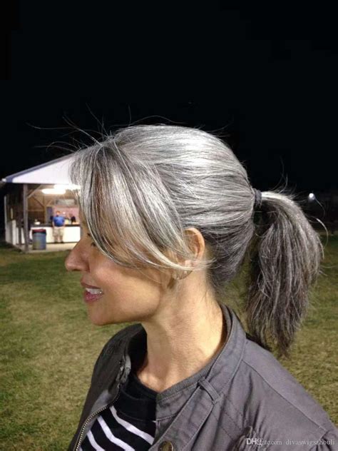 Grey Ponytail Hairstyle Gray Hair Extension Sillk Straight Salt And